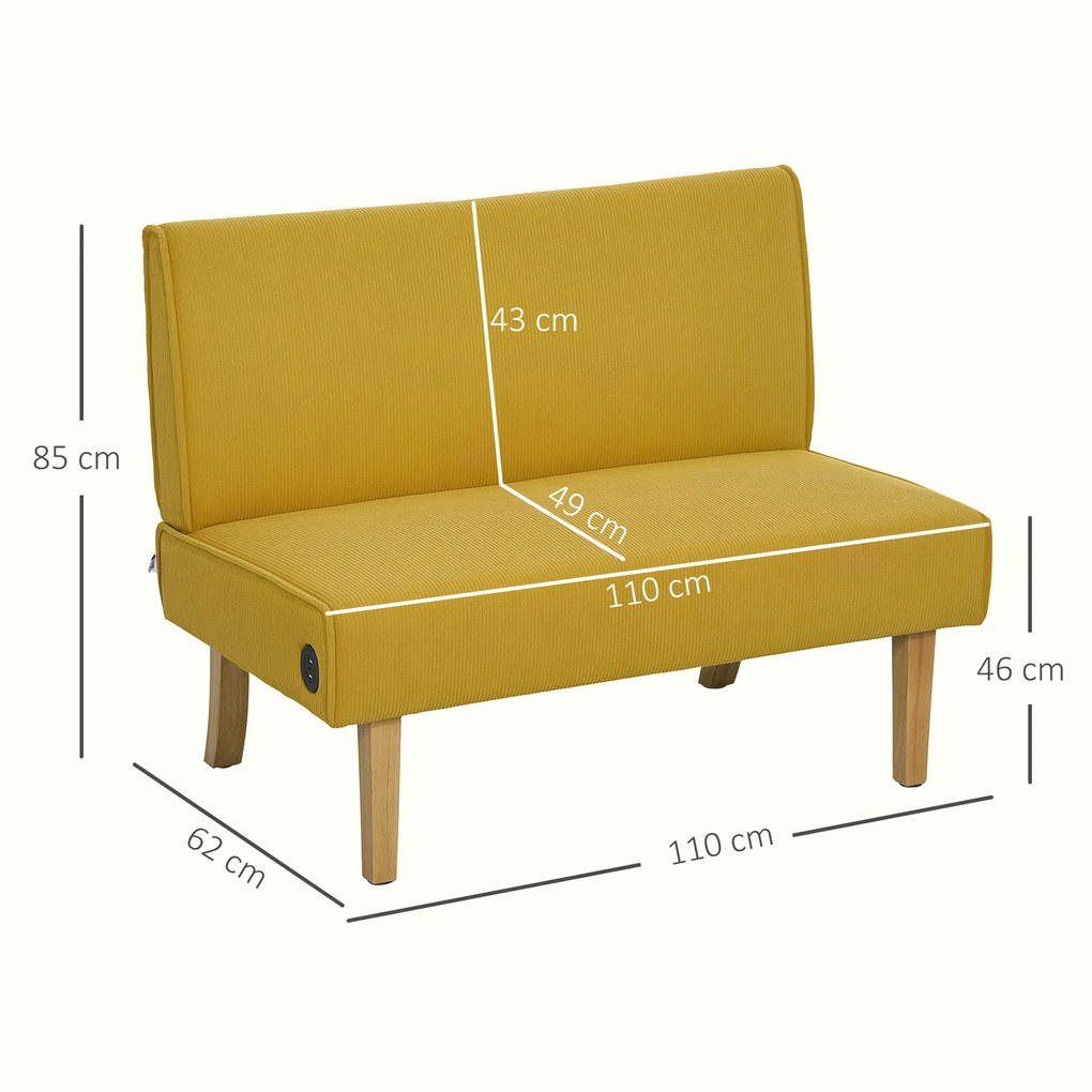 Sofá de 2 Lugares Estofado em Veludo Cotelê Sofá Sala de Estar com 2 Entradas USB 1 Entrada Tipo C 110x60x85 cm Amarelo