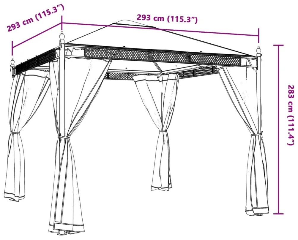 Gazebo com paredes de malha 2,93x2,93 m aço antracite