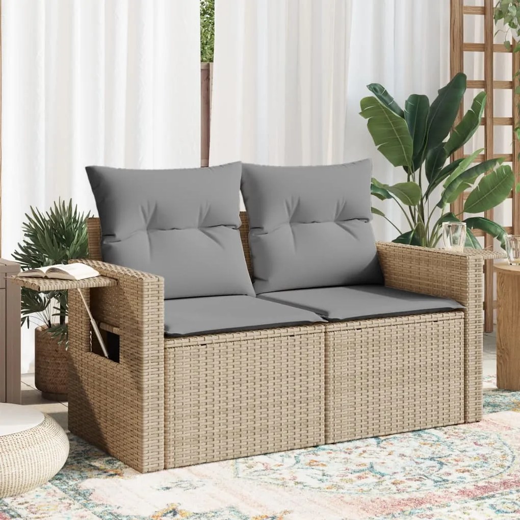 vidaXL Sofá de jardim de 2 lugares com almofadões vime PE bege