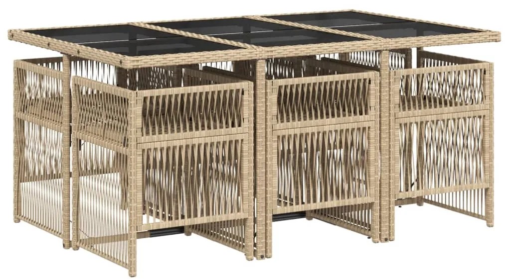 7 pcs conjunto de jantar p/ jardim com almofadões vime PE bege