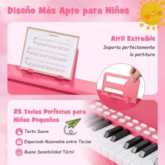 Piano de brincar com 25 teclas para crianças 38 x 24 x 29 cm, com suporte e modo de aprendizagem, velocidade e volume ajustáveis, design em madeira Ro