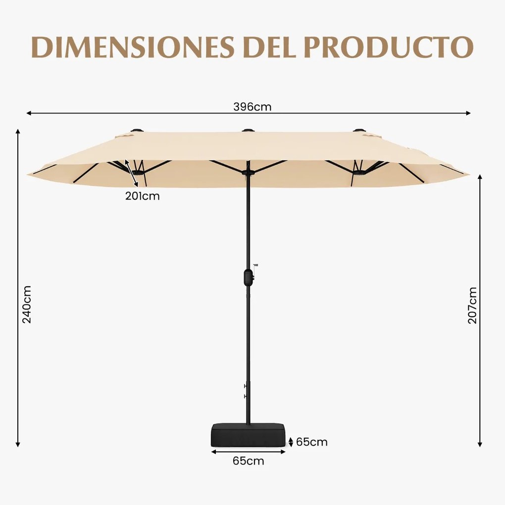 Guarda-sol duplo para jardim com base recarregável, manivela e 12 hastes de alta resistência Bege