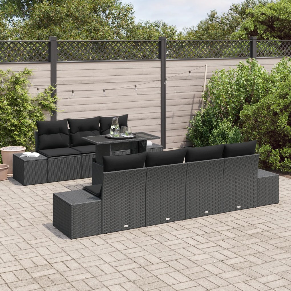 Conjunto de Sofás de Jardim de 8 Peças com Almofadas Preto Rattan Poli