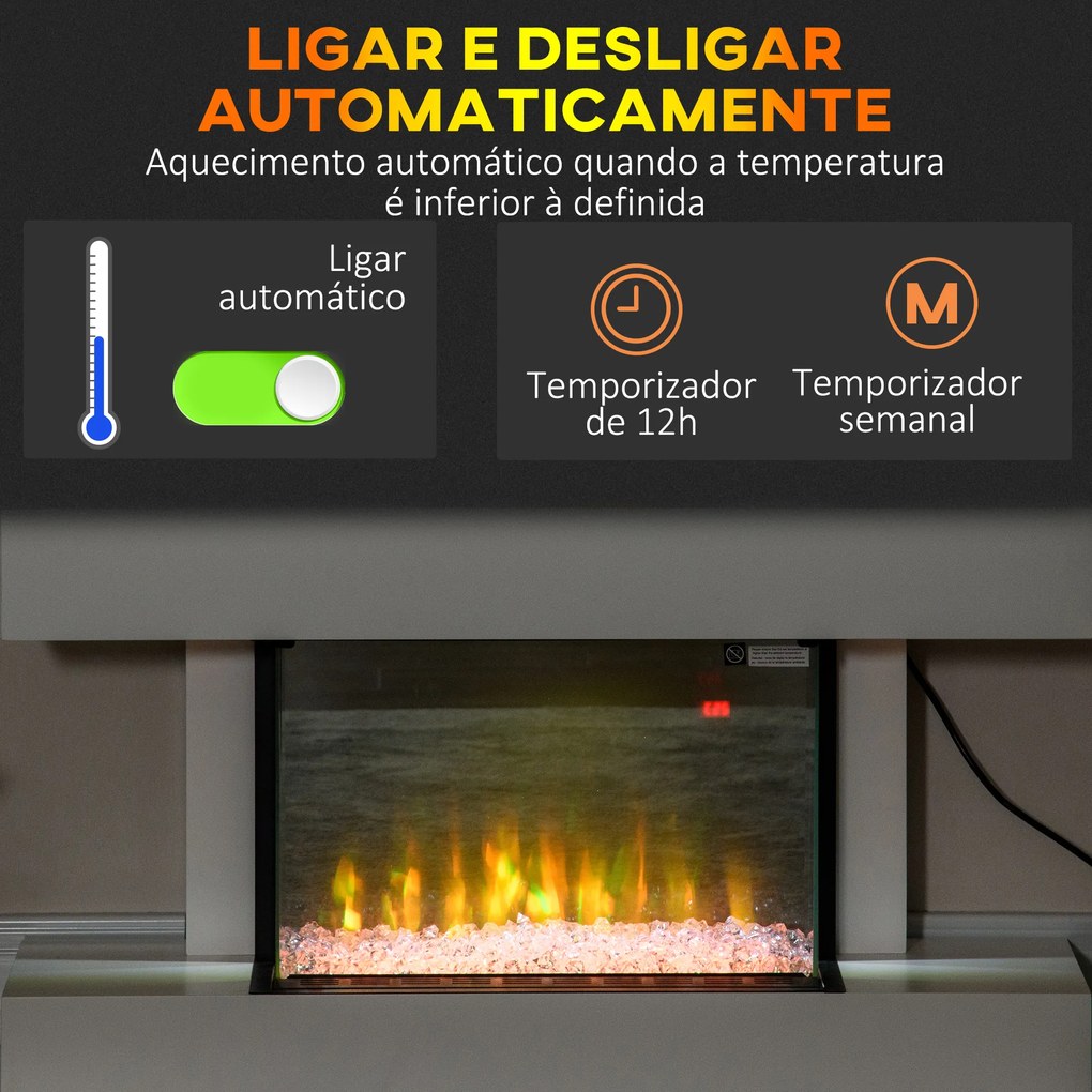 Lareira Elétrica 1000W/2000W com Temperatura Ajustável Temporizador para Ambientes de 15-25 m² 98x27x54,5 cm Branco