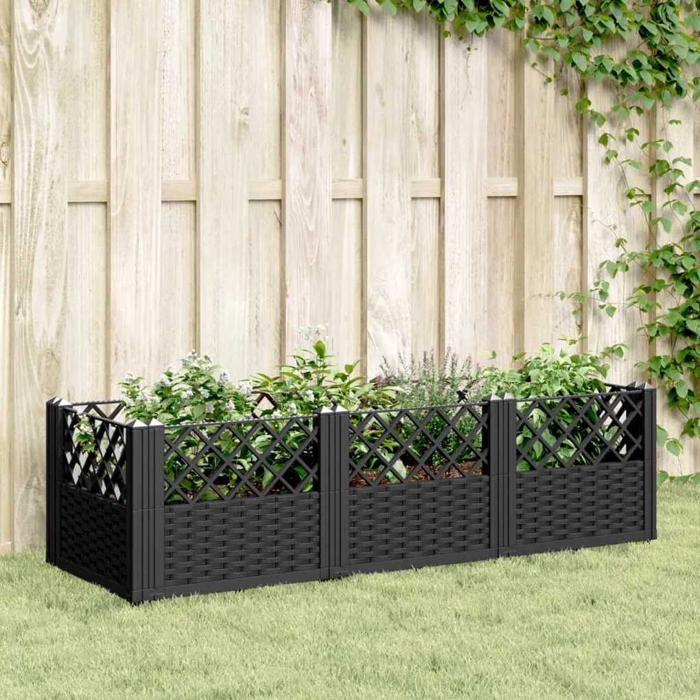 vidaXL Vaso/floreira de jardim c/ estacas 123,5x43,5x43,5 cm PP preto