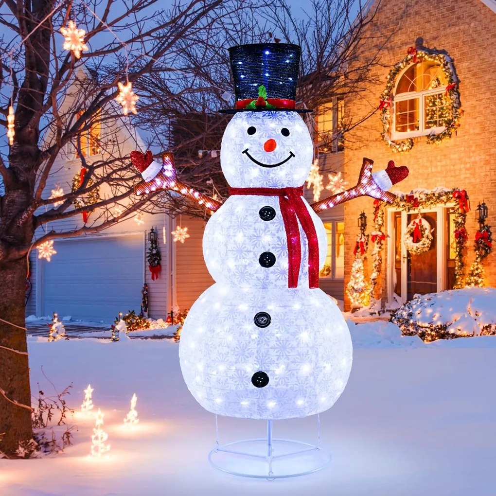 Boneco de neve de Natal de 184 cm com luzes incorporadas Chapéu de Natal, mãos com ramos e motivos de flocos de neve Decoração de Natal para jardim