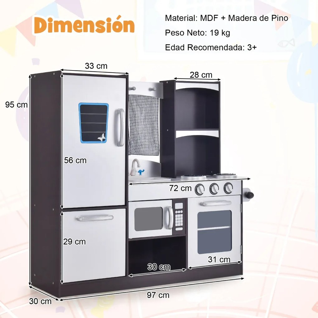 Cozinha de brincar de madeira infantil com brinquedo, geladeira, forno, quadro negro, fogão, torneira e pia, 105 x 31,5 x 95 cm, castanho