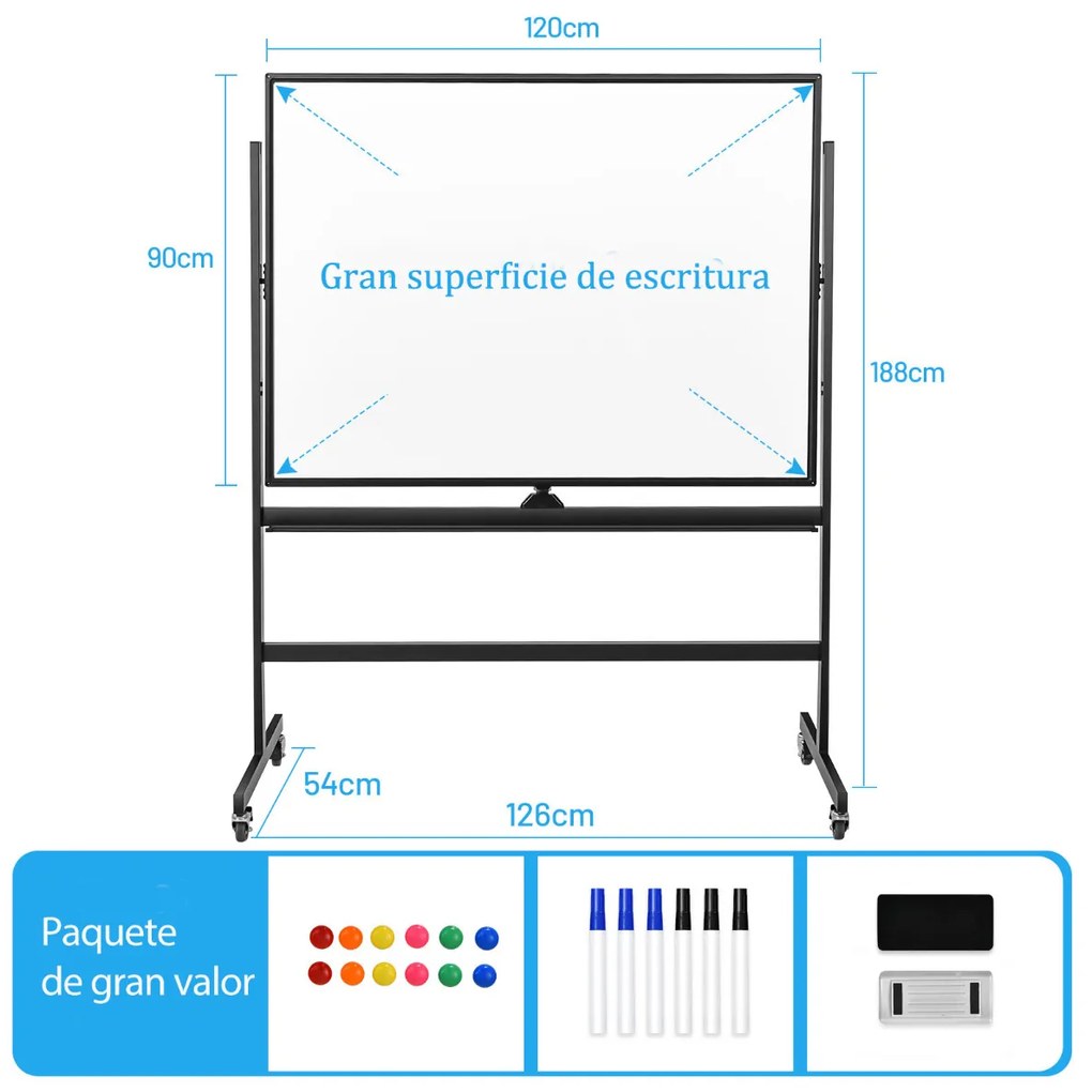 Quadro Branco Dupla Face Magnético Móvel Reversível 90 x 120 cm Altura Ajustável Giratório 4 Rodas para Escola Casa Escritório