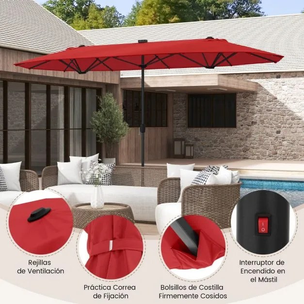 Guarda-sol jardim Duplo 4 x 2 m com Luzes Solares Manivela e Base pesada Vermelho