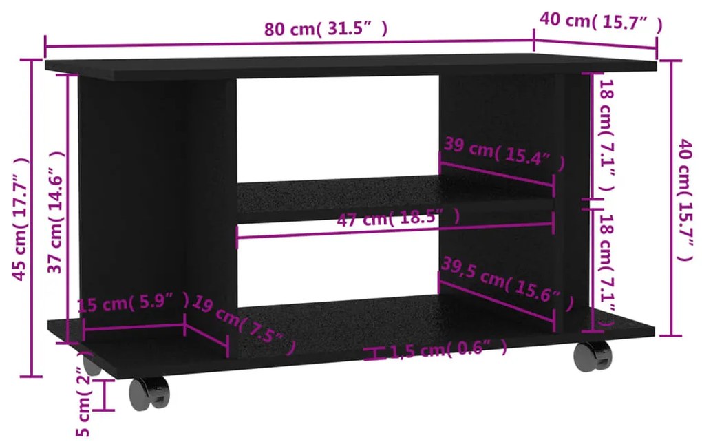 Móvel de TV com rodas 80x40x45 cm deriv.madeira preto
