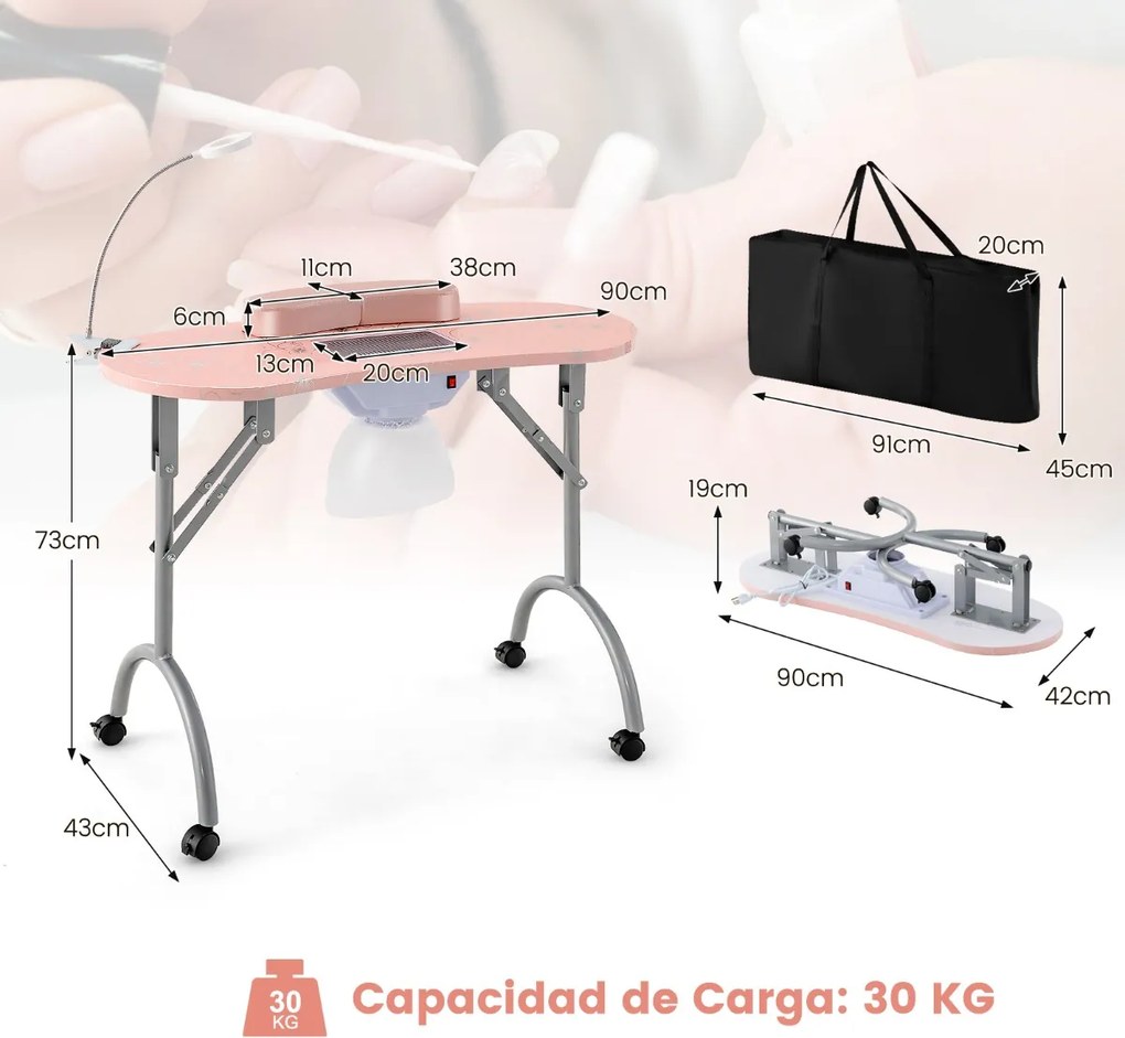 Mesa de manicure portátil 90 x 43 x 73 cm com ventilador elétrico de aspiração, lâmpada LED flexível e saco de pó com rodas bloqueáveis rosa