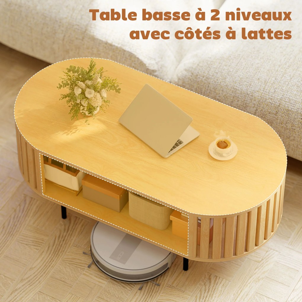Mesa de centro oval  100 x 50 x 40 cm, mesa de sala com espaço de arrumação, cantos arredondados, design em ripas efeito de madeira natural