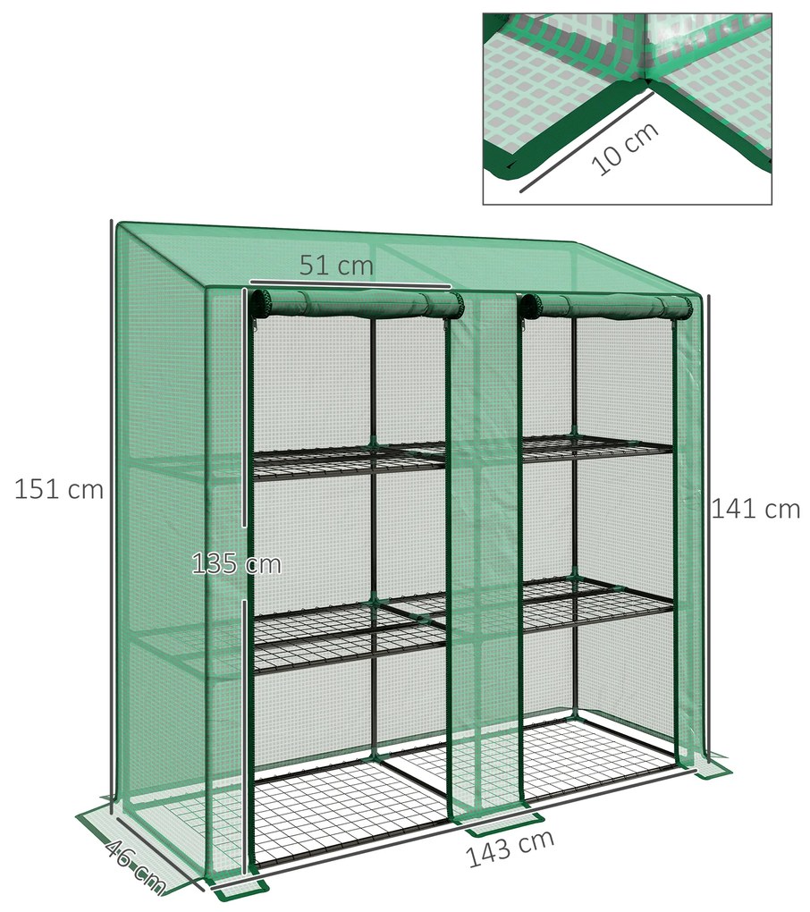 Estufa de Jardim de 3 Níveis Estufa de Terraço com Prateleiras para Cultivo de Plantas em Pátio 143x46x141/151 cm Verde