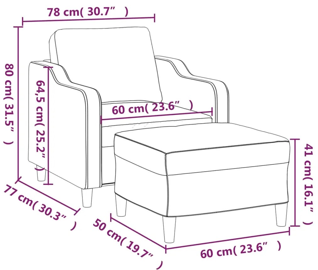 Poltrona com apoio de pés 60 cm tecido cinzento-claro