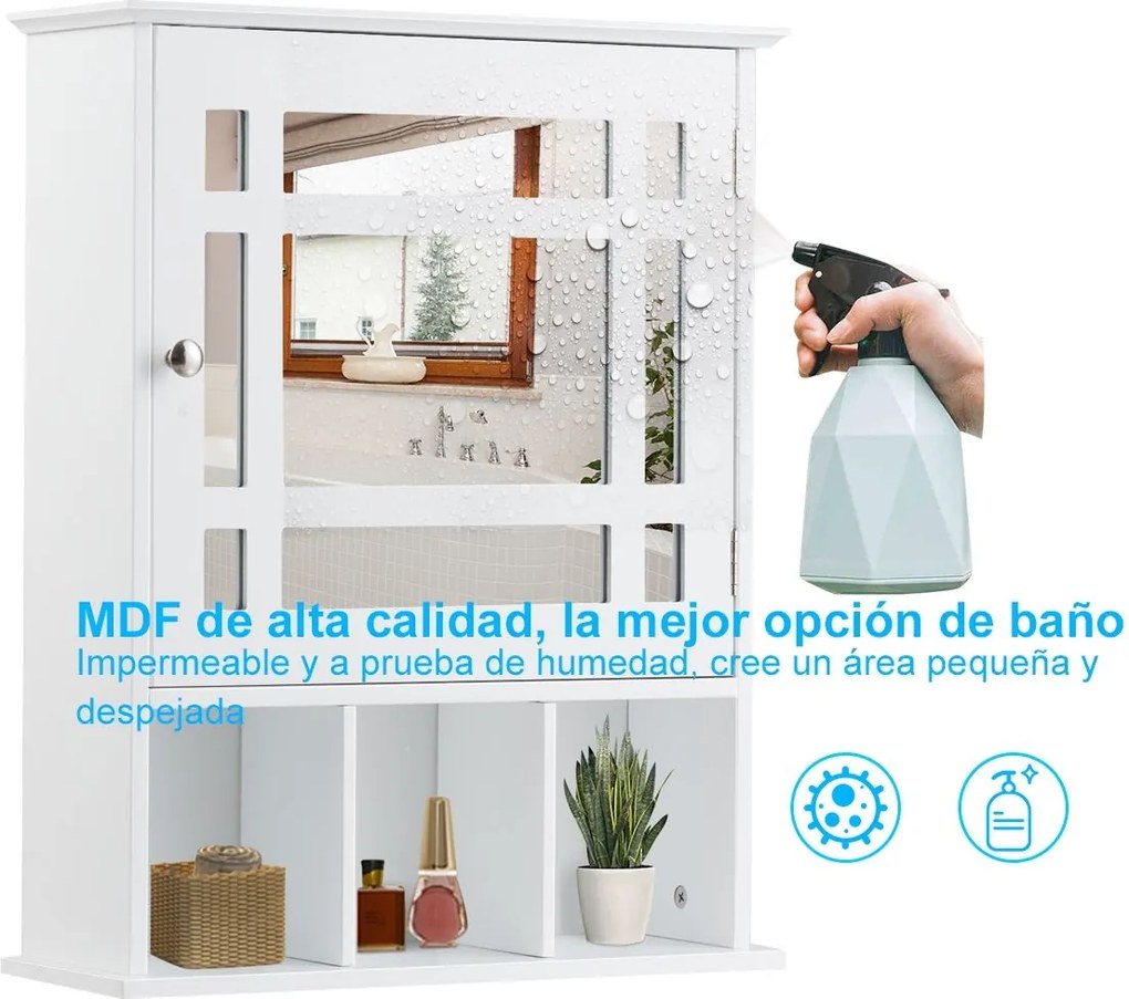 Armário de casa de banho com espelho de parede com porta e Estante Armário de arrumação  50 x 16 x 61 cm branco