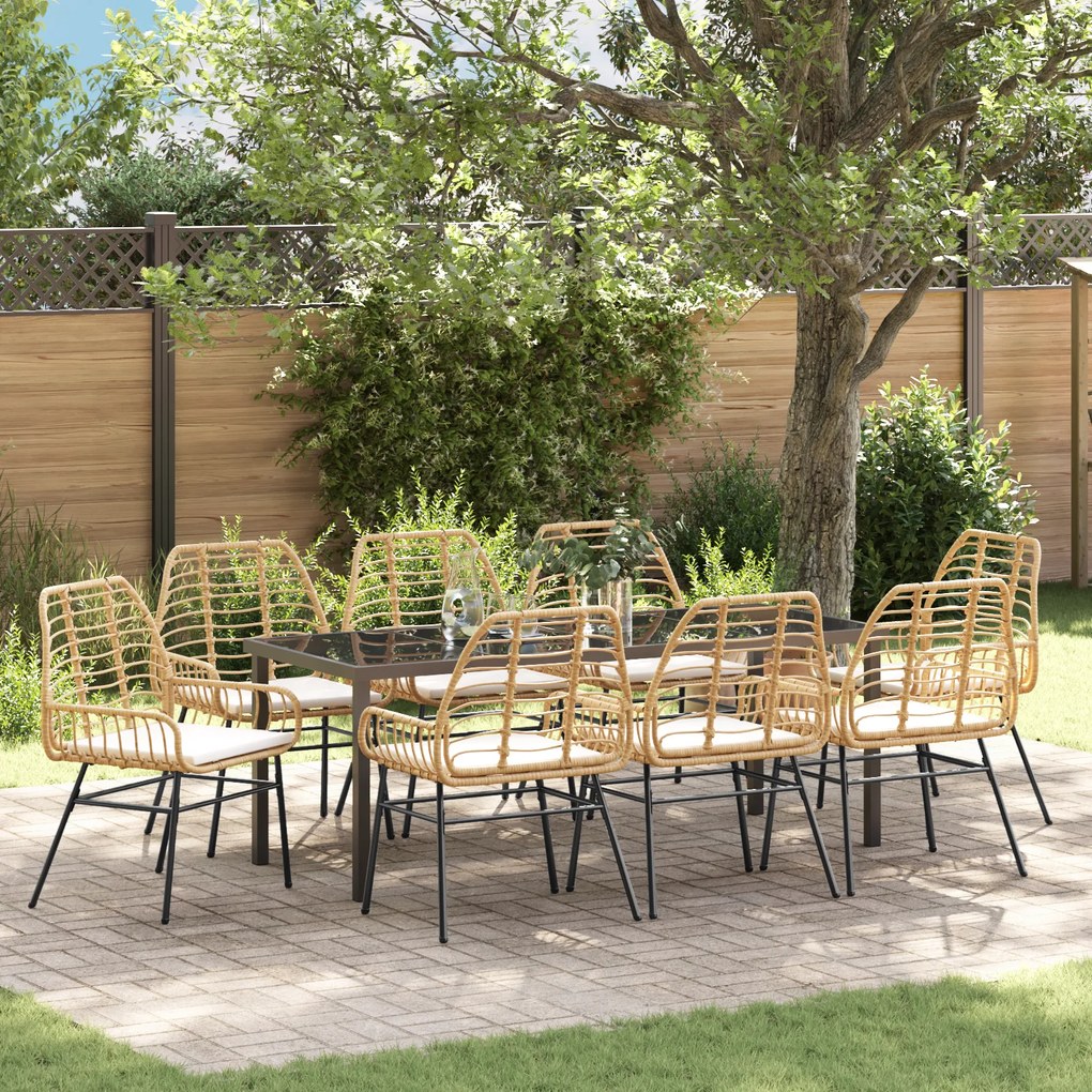 vidaXL Conjunto de Jantar de Jardim de 9 Peças com Almofadas Castanho Rattan Poliéster