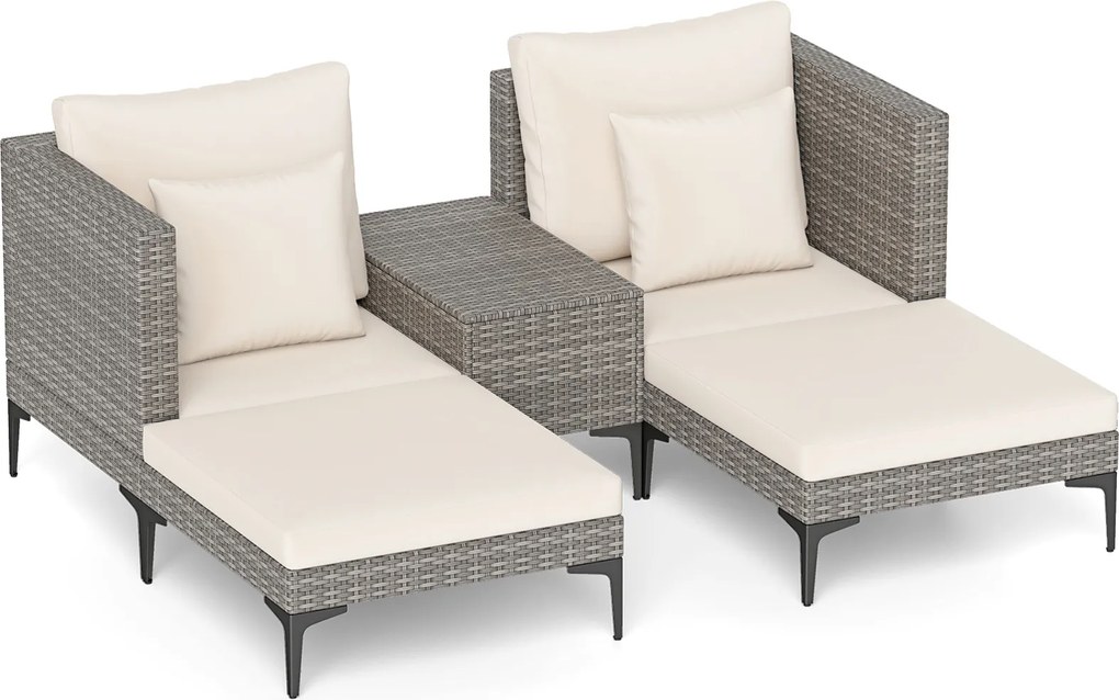 Conjunto jardim de rattan para exterior de 5 peças com mesa auxiliar, 2 sofás, 2 apoios para os pés, almofadas e travesseiros macios, modular, para pá