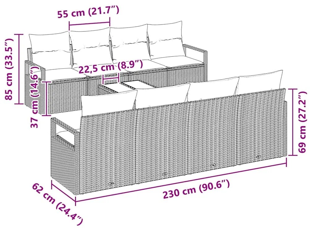 Conjunto de sofá de jardim com 9 peças e almofadas marrons em rattan