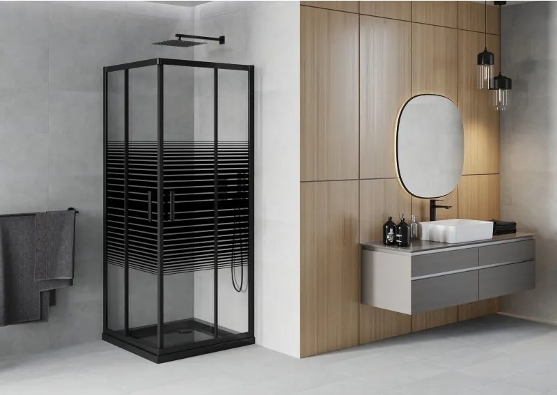 Mexen Rio cabine de duche quadrada 80 x 80 cm, riscas pretas, preta + base Flat, preta - 860-080-080-70-20-4070B