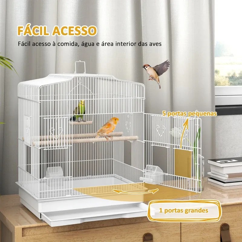 Gaiola para Pássaros de Aço com 2 Comedouros 2 Poleiros Baloiço e Bandeja Removível Pega 46,5x36x59 cm Branco