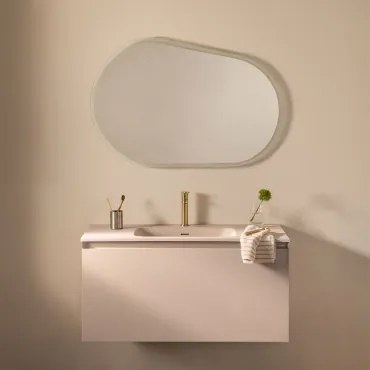 Conjunto De Móvel De Casa De Banho Suspenso Em Madeira Com Lavatório Integrado Macrae Crema Linho & Oval Led E Anti-embaciamento 100x80 Cm Riben & &#x
