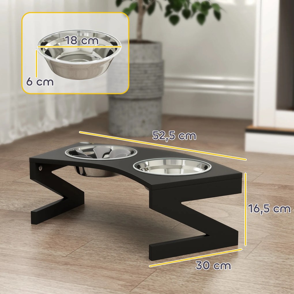 Comedouro elevado para cães com suporte, incluindo 2 tigelas de aço inoxidável de 1 litro, 52,5 x 30 x 16,5 cm, preto
