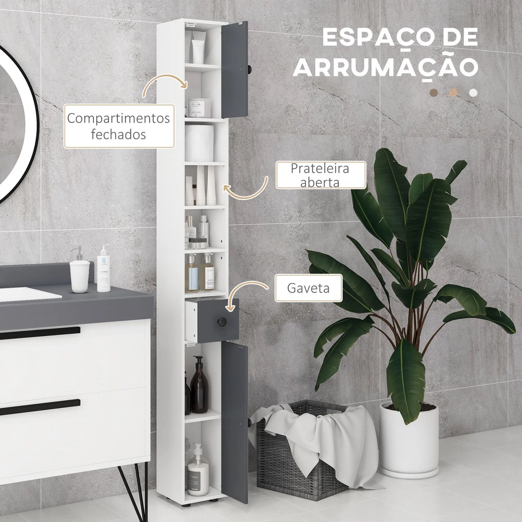 Coluna Casa de Banho Moderna com 1 Gaveta 5 Prateleiras Ajustáveis e 2 Armários 20x20x180 cm Cinza