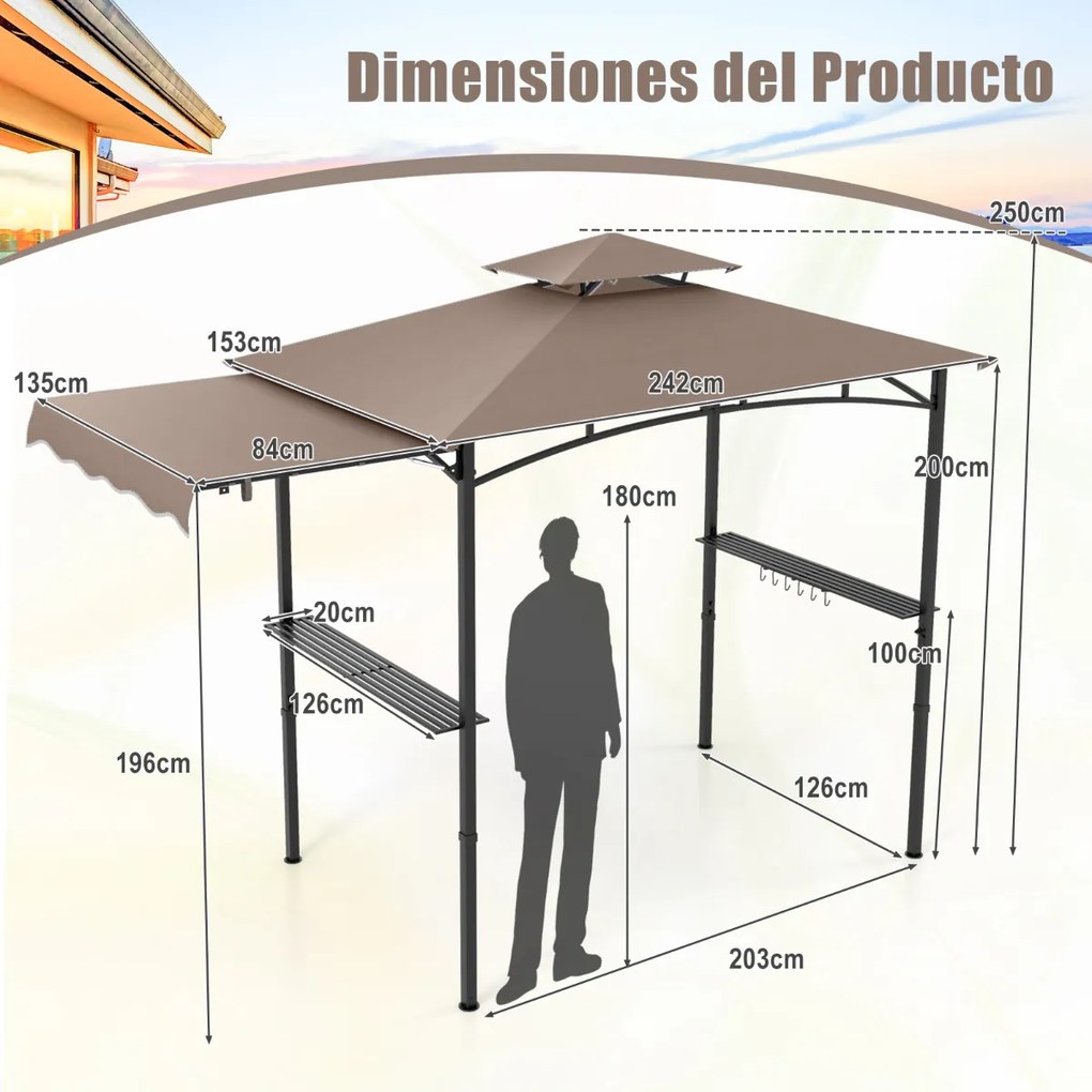 Tenda para Churrasco (Não Incluido) com grelha de 318 x 153 cm Toldo lateral Parte superior de 2 níveis 2 prateleiras laterais Estrutura em metal Cast