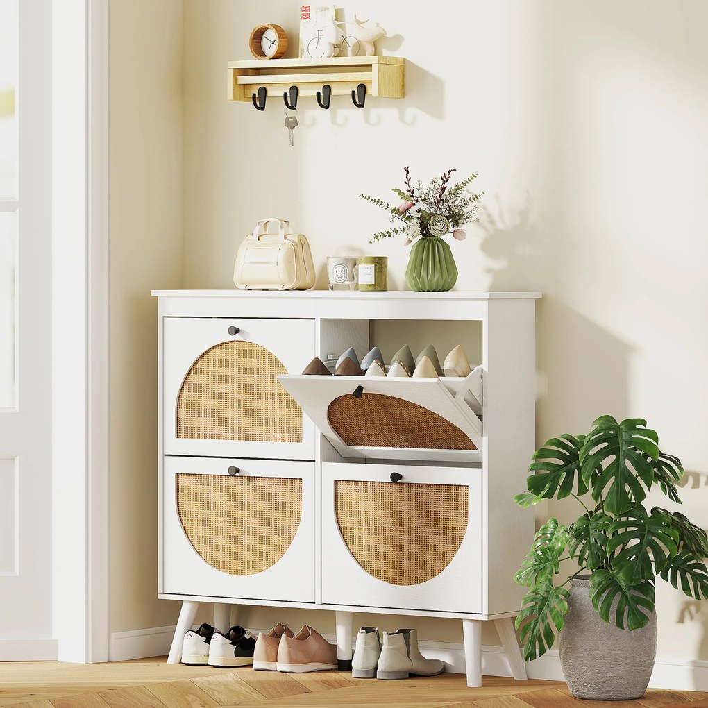 Sapateira com 4 portas, capacidade para 20 pares, prateleiras ajustáveis, estilo boémio, pés em madeira maciça, 105 x 24 x 97,5 cm, branco