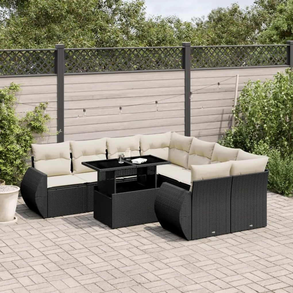 9 pcs conjunto de sofás p/ jardim c/ almofadões vime PE preto