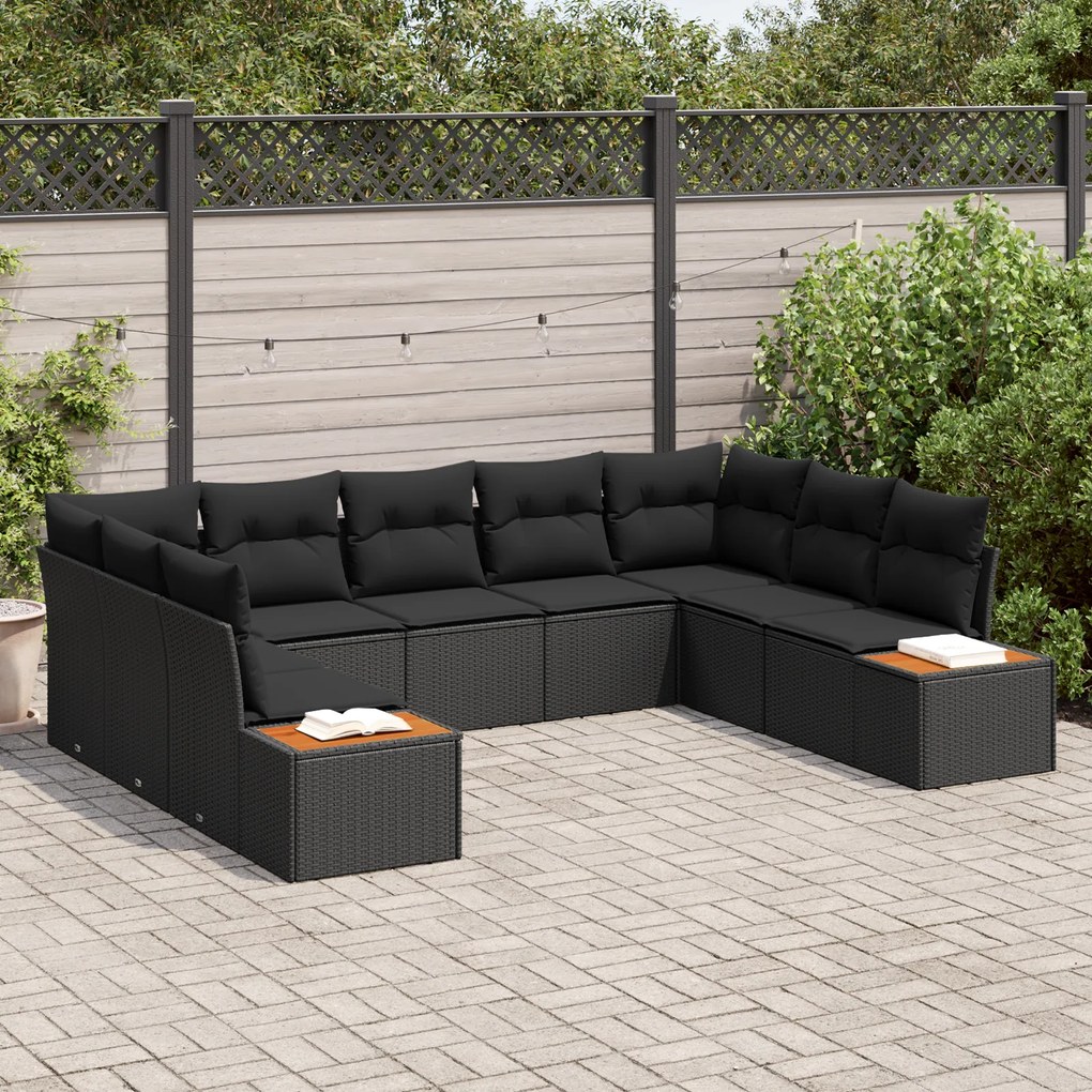 vidaXL Conjunto de Sofá de Jardim com Almofadas Preto de Rattan de Poli e Acácia