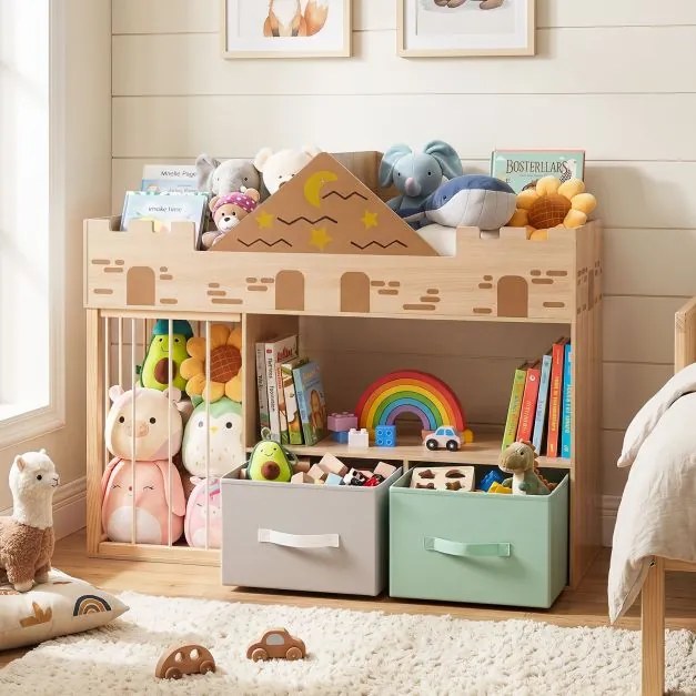 Estante Infantil em Forma de Castelo, 111 x 40 x 92 cm, Arrumação para Livros e Brinquedos, Natural