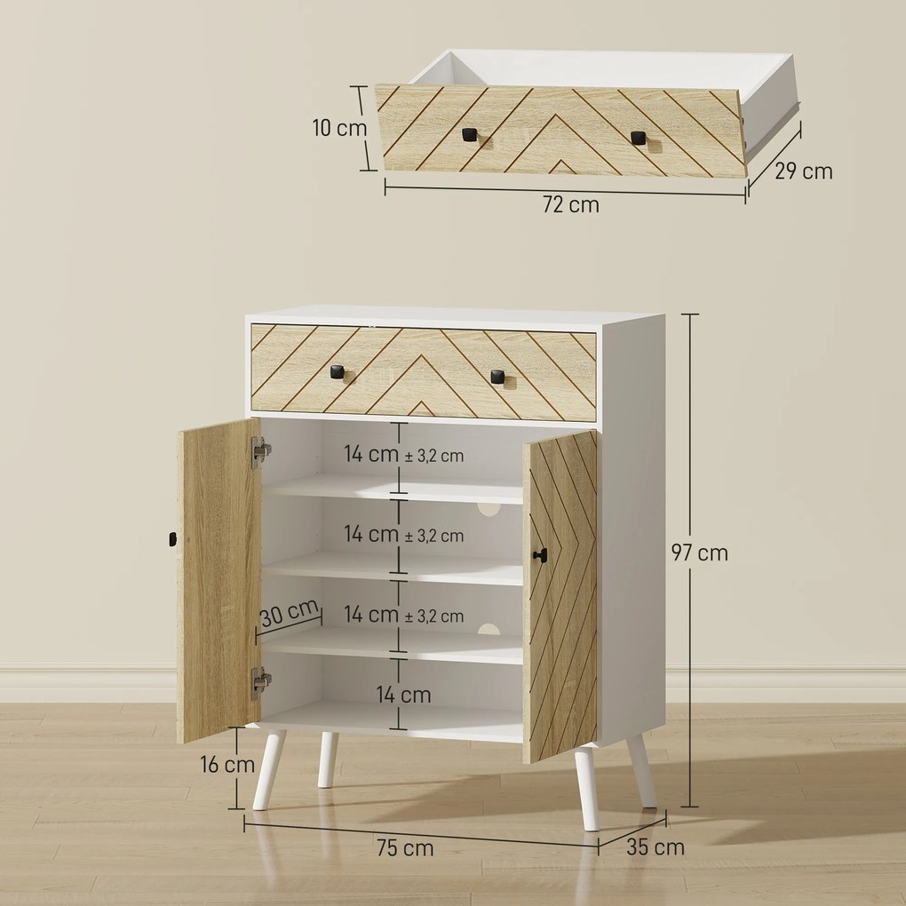 Sapateira de 2 Portas com Design em Espiga Prateleiras Ajustáveis Gaveta para 12 Pares de Sapatos 75x35x97 cm, Branco e Madeira