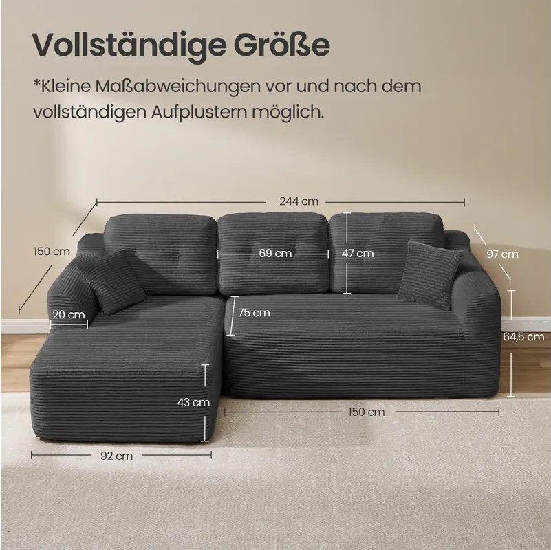 Sofá de canto sem montagem modular 150 x 244 x 73 cm com chaise longue cinza ardósia