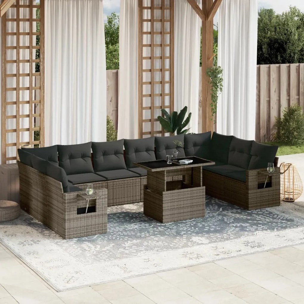 11 pcs conjunto sofás de jardim c/ almofadões vime PE cinzento