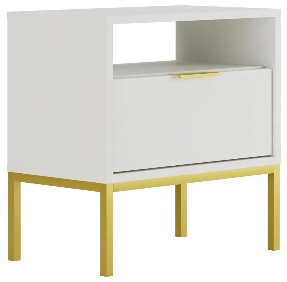 Mesa de Cabeceira "AUSTIN" - 45×55×33 cm - Branco e Dourado - Design M