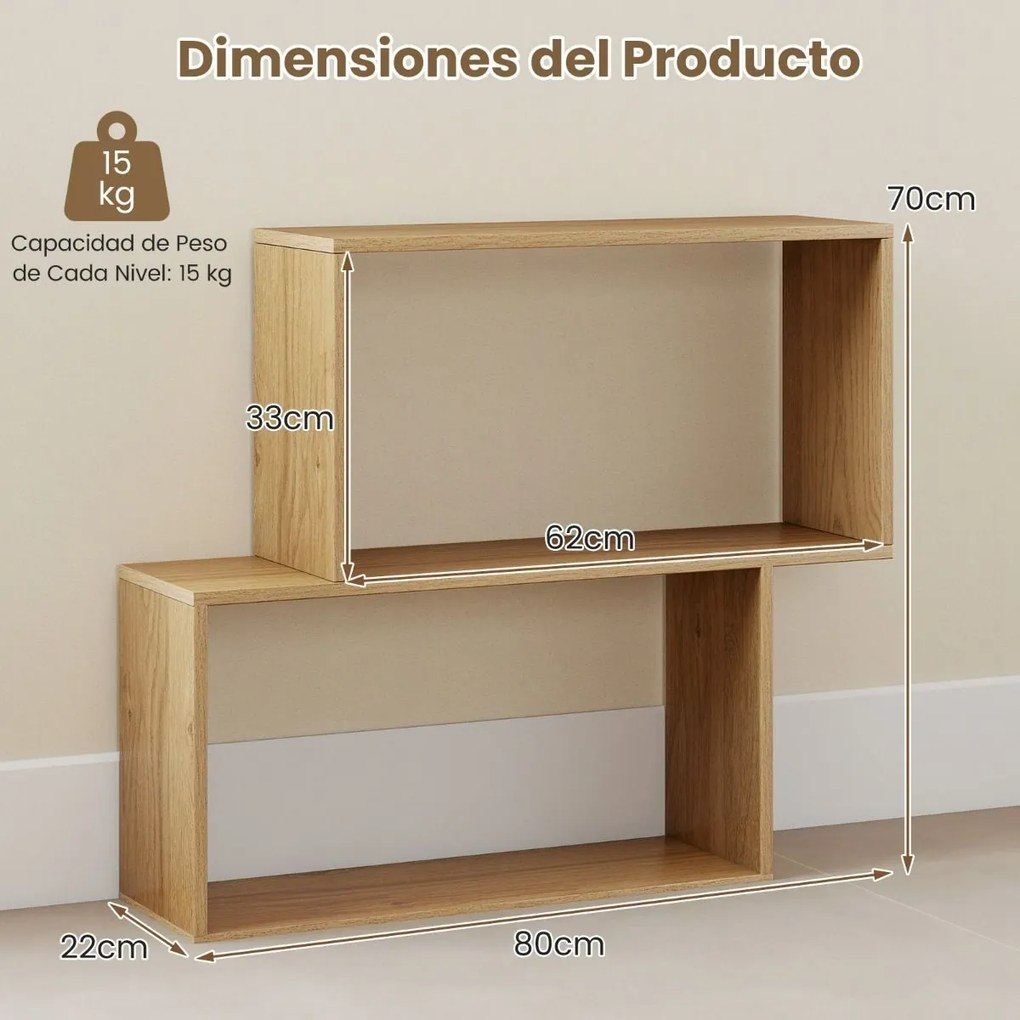 Estante para livros 80 × 22 × 70 cm de 2 níveis com espaço de armazenamento Natural