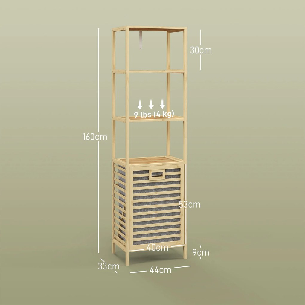 Estante de Casa de Banho em Bambu com 3 Prateleiras e 1 Cesto para Roupa Suja Removível 44x33x160 cm Natural