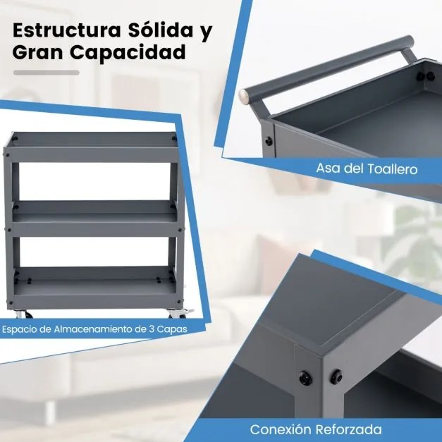 Carrinho utilitário de 3 níveis de alta capacidade metal 77,5 x 38 x 79 cm com 3 prateleiras e pega ergonómica Rodas para escritório Garagem Cinza
