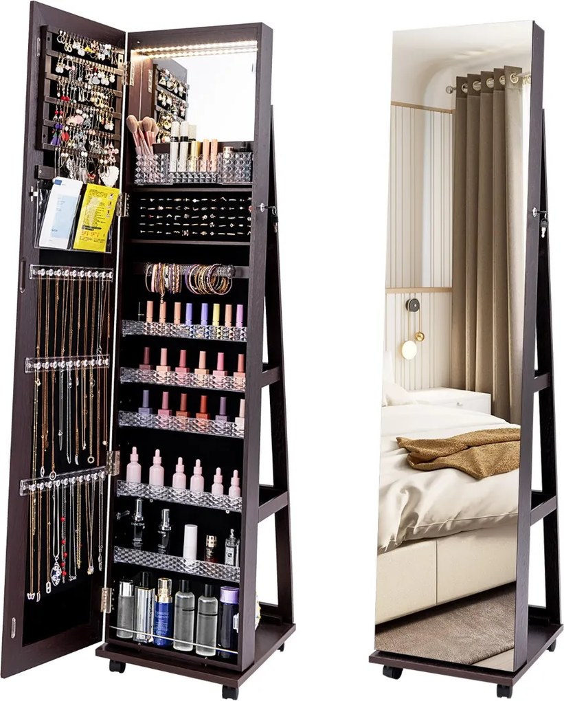 Armário para joias com fechadura 40 x 38 x 164 cm com Espelho de maquilhagem LED com 3 cores Prateleiras ajustáveis e rodas universais Castanho Escuro
