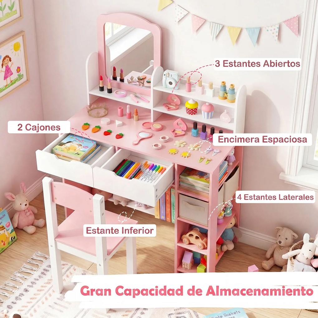 Conjunto de Toucador Infantil com Espelho e Cadeira, 80 x 40 x 118 cm, Arrumação Espaçosa, Cor-de-rosa