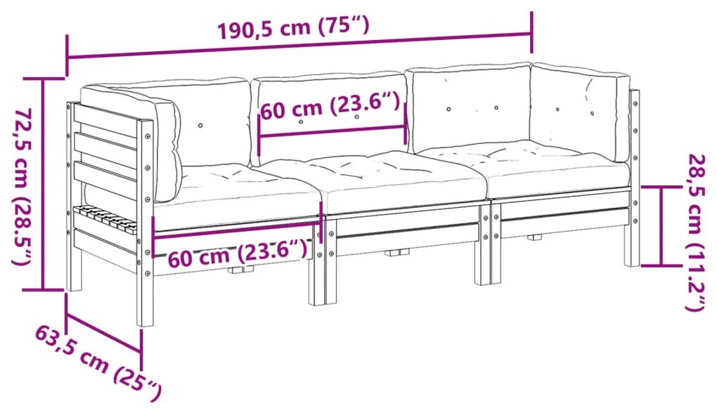 3 pcs conjunto sofás de jardim c/ almofadões pinho impregnado