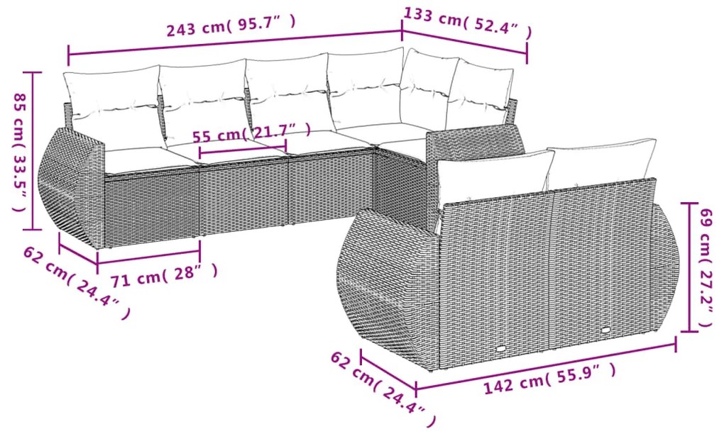 7 pcs conjunto de sofás jardim c/ almofadões vime PE castanho
