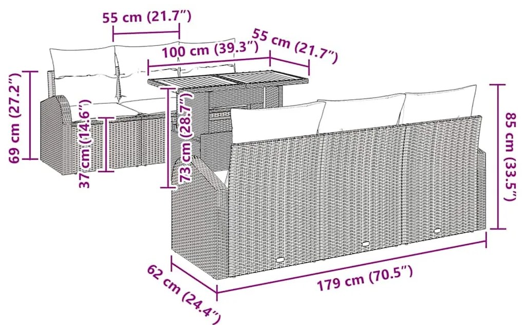Conjunto de Jantar para Jardim com 7 Peças e Almofadas Bege em Rattan