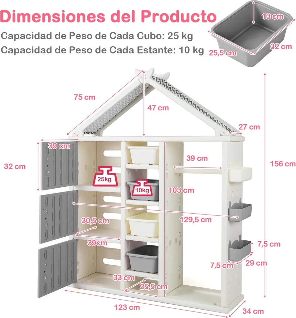 Guarda roupa para crianças, infantil 130 x 34 x 156 cm com caixa, prateleiras e cesto lateral Cinzento