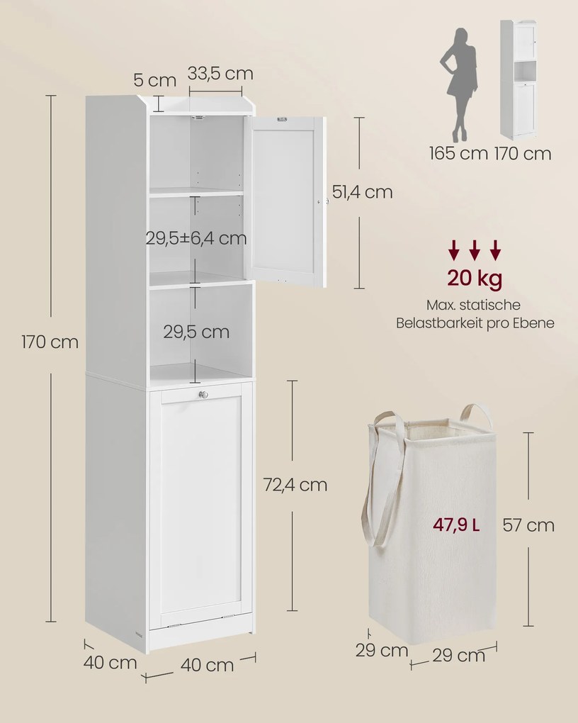 Armário de casa de banho com cesto para roupa suja 40 x 40 x 170 cm Branco