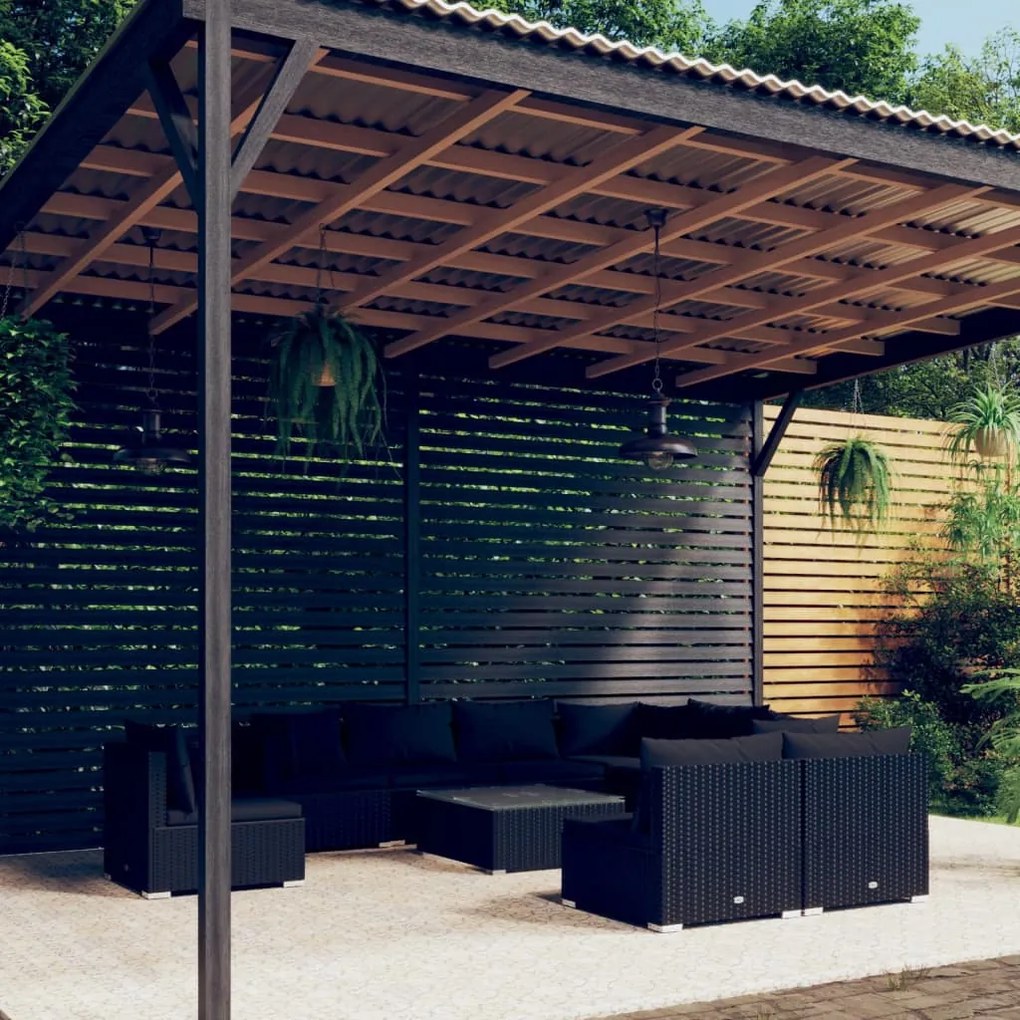 vidaXL 10 pcs conjunto lounge de jardim c/ almofadões vime PE preto
