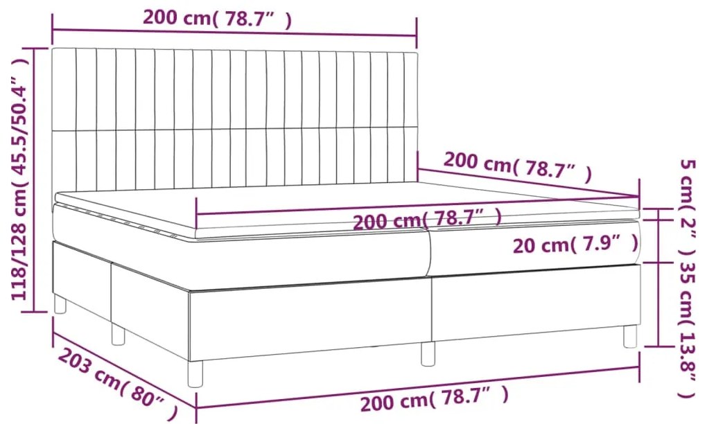 Cama box spring c/ colchão e LED 200x200 cm tecido preto