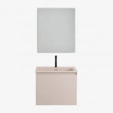 Conjunto De Móvel De Casa De Banho Suspenso Em Madeira Com Lavatório Integrado Macrae Crema Linho & Led Retangular E Anti-embaciamento 60x70 - Sklum