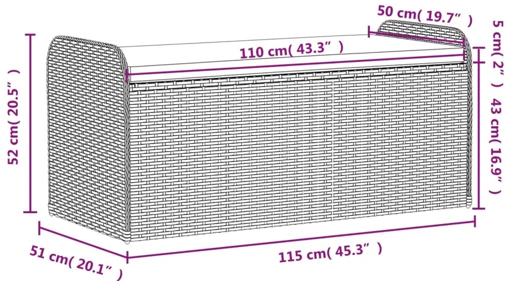 Banco de arrumação com almofadão 115x51x52 cm vime PE castanho